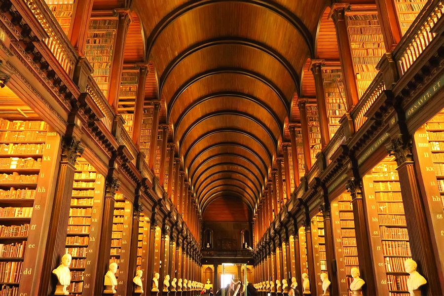 Der Long Room im Trinity College in Dublin, ein beeindruckender Saal mit historischen Büchern und einem Tonnengewölbe, ein Muss für Literaturreisen mit posterXXL.
