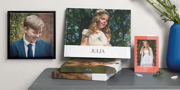 Eine Auswahl an personalisierten Produkten, darunter ein Fotobuch, eine Karte und Wandbilder zur Konfirmation, die zeigt, wie man sich auf die Konfirmation vorbereitet mit posterXXL.