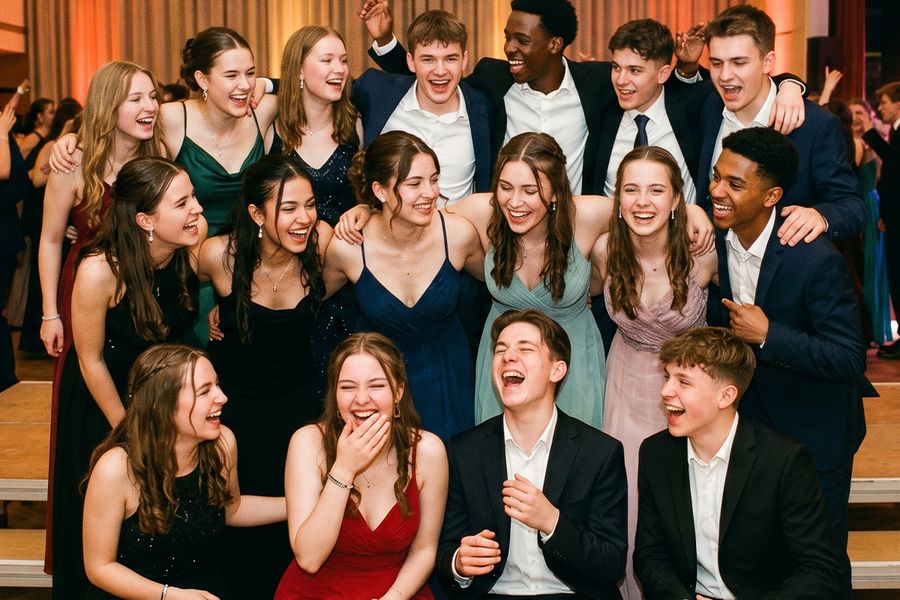 Große Gruppe von Abiturienten lächelt in festlicher Abiball-Kleidung und posiert gemeinsam für ein Gruppenfoto