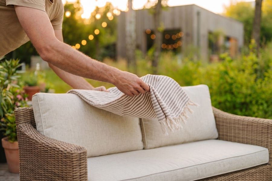 Jemand legt eine leichte Decke über ein Outdoor-Sofa im Garten – eine stilvolle Inspiration für sommerliche Gartendeko und eine entspannte Outdoor-Lounge.