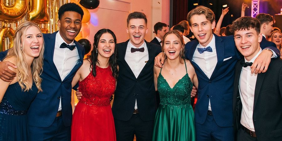 Festlich gekleidete Abiturienten lächeln zusammen beim Abiball – Abiball-Fotos von posterXXL