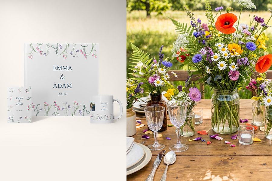 Die Soft-Botanical-Hochzeitsdesigns von posterXXL sind neben einer floral dekorierten Hochzeitstafel zu sehen und betonen zarte Wildblumen, sanfte Farbpaletten und Hochzeitstrends 2026.