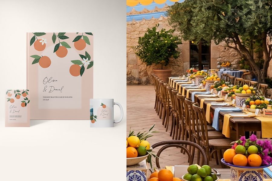 Die Modern-Orchard-Hochzeitsdesigns von posterXXL sind neben Hochzeitstischen mit vielen Früchten und Zitronenbäumen zu sehen und betonen mediterranes Styling, Zitrusdetails und Hochzeitstrends 2026.