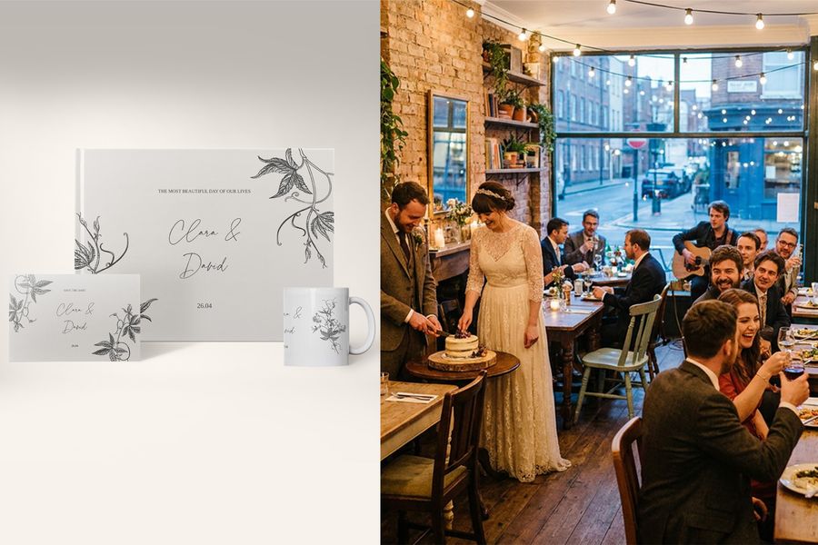 Die Ink & Ivy Whimsical-Storyboard-Hochzeitsdesigns von posterXXL sind auf einem Fotobuch, einer Karte und einer Tasse zu sehen, neben einem lockeren Hochzeitsempfang, bei dem das Paar die Torte anschneidet, und betonen feine Strichzeichnungen, handgezeichnete Details und Hochzeitstrends 2026.