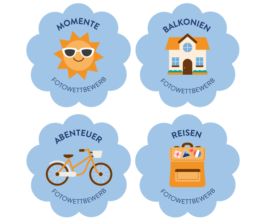 Vier illustrierte Icons, die die wöchentlichen Themen des posterXXL Sommer-Fotowettbewerbs darstellen: eine Sonne für Sommermomente, ein Haus für Urlaub zu Hause, ein Fahrrad für Sommerabenteuer und ein Rucksack für Sommerreisen.