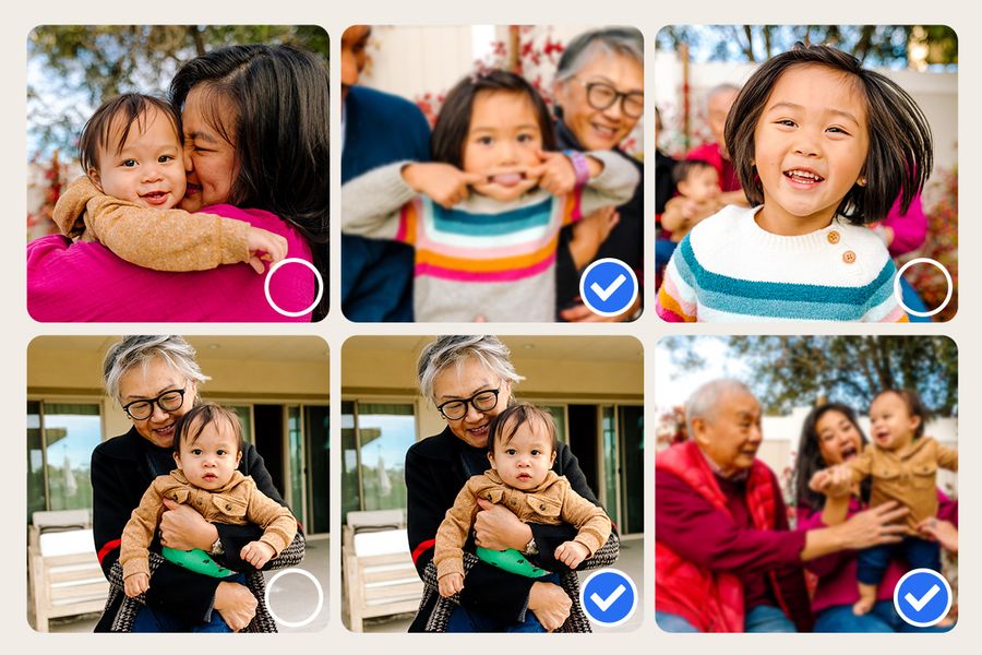 Eine Sammlung fast identischer Fotos zeigt mehrere Aufnahmen derselben Familie, und veranschaulicht posterXXLs schnellste Tricks, um durch das Löschen von Duplikaten Speicherplatz freizugeben.