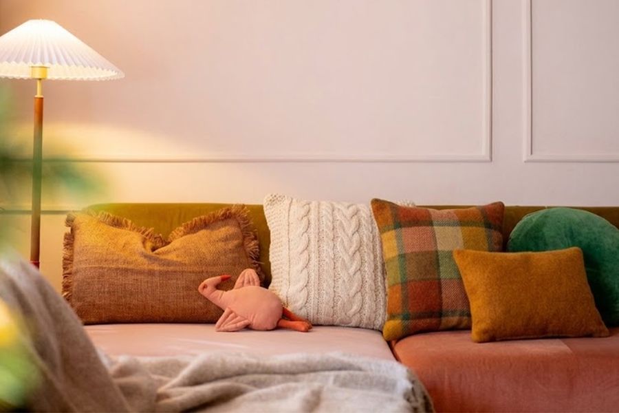 Ein gemütliches Wohnzimmer mit einer warmen Stehlampe neben einem Sofa mit verschiedenen Kissen, darunter eines mit Vichy-Karo in Orangetönen und eines aus grünem Samt, in Herbstfarben, und veranschaulicht posterXXLs Tipps, typische Hygge-Fehler mit weichen Texturen und warmem Licht zu vermeiden.