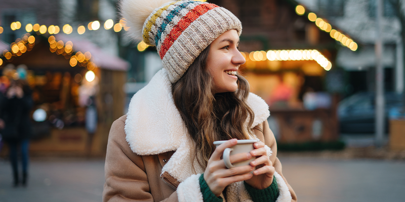 Frau in einem flauschigen Mantel und mit Mütze, die auf einem Weihnachtsmarkt eine Tasse hält, mit festlichen Lichtern und Hütten im Hintergrund, passend zu posterXXLs Guide zu den schönsten Weihnachtsmärkten Europas.