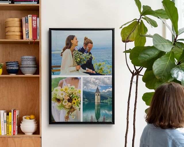 Eine eingerahmte Wandbild-Collage mit drei Hochzeitsfotos.