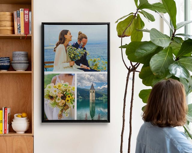 Eine gerahmte Collage an einer Wand mit Hochzeitsbildern.