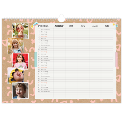 Family Planners A3 Landscape — Rustikaler Planer - 5-köpfige Familie [Februar]